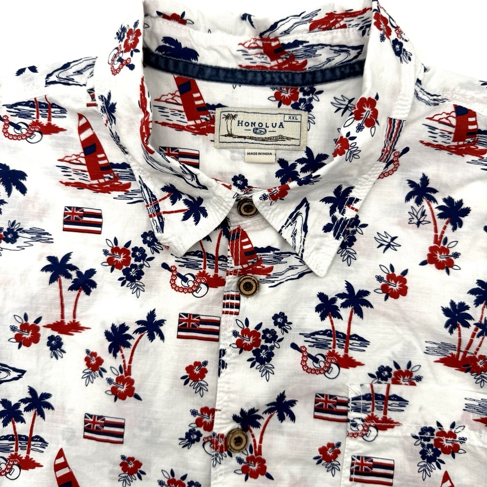 Honolua Men's Short Sleeve Palm‎ Trees XXL 2XL Hawaiian Floral Sailboat Ukulele